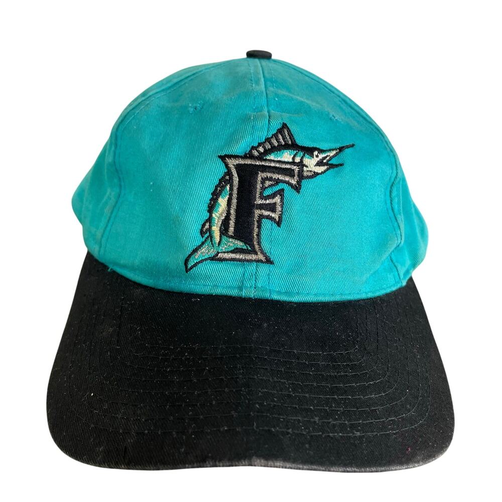 Vintage 90s Florida Marlins Juan Bustabad Signed Snapback Hat MLB Teal Black